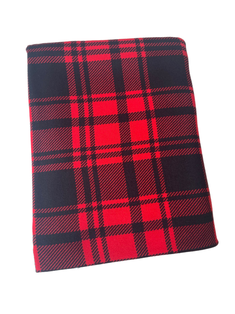 Vibrant red and black plaid brushed poly knit