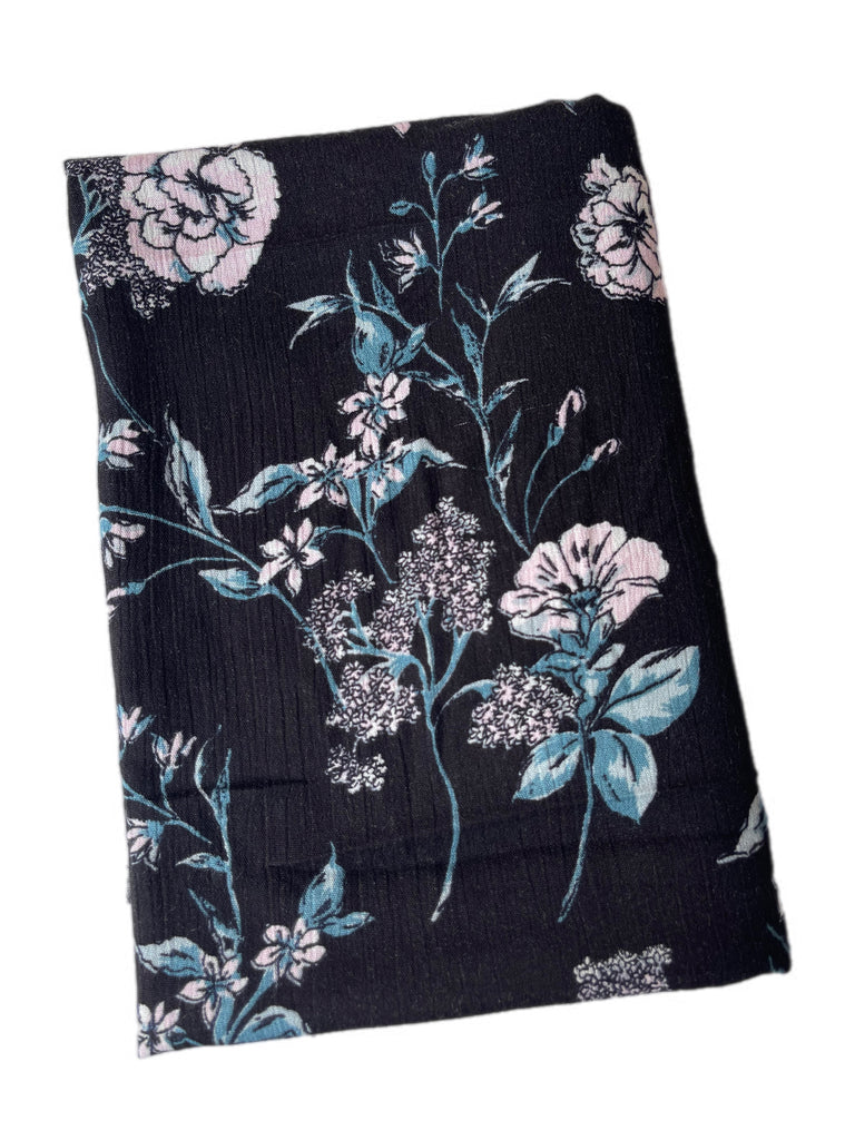 Black pink and slate blue floral rayon crepe woven