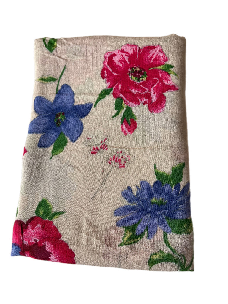 Taupe blue and magenta floral rayon crepe woven